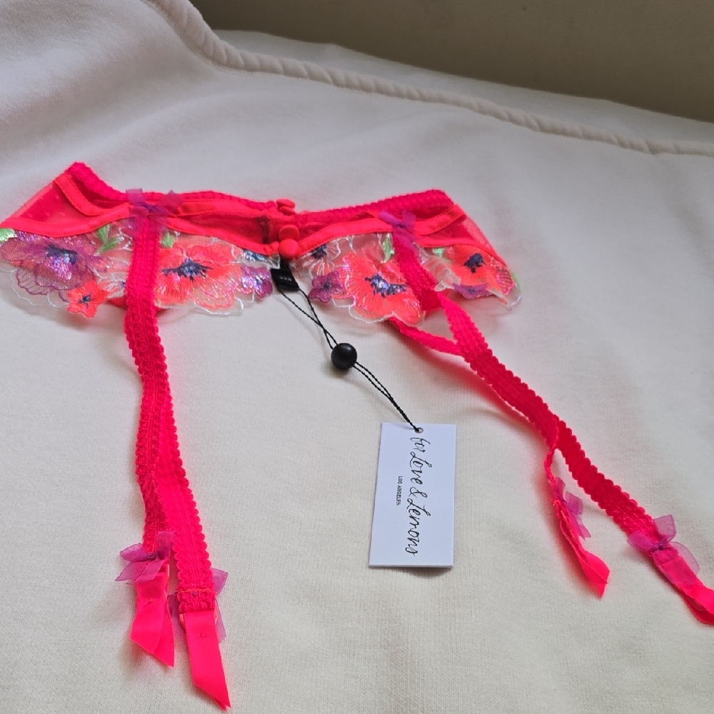 For Love And Lemons Pink and Red Suspenders Intimates